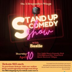 Stand Up Comedy Fundraiser flyer with a microphone stand in front a red curtain in a spotlight. Comedian Basile. Show starts at 7pm at One Night Stan's Comedy Club in Wasterford.