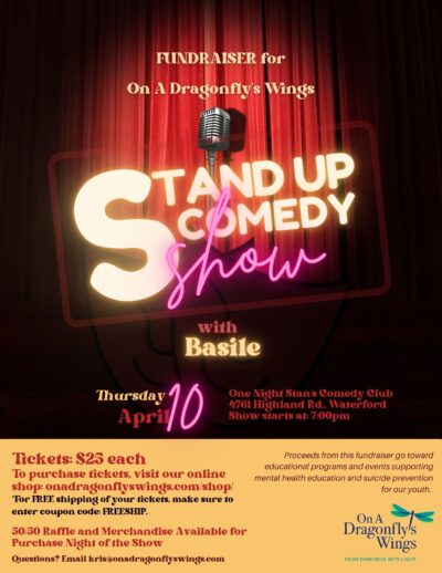 Stand Up Comedy Fundraiser flyer with a microphone stand in front a red curtain in a spotlight. Comedian Basile. Show starts at 7pm at One Night Stan's Comedy Club in Wasterford.