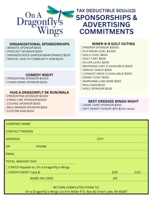 Actual sign-up page with all sponsorship opportunities listed for On A Dragonfly's Wings