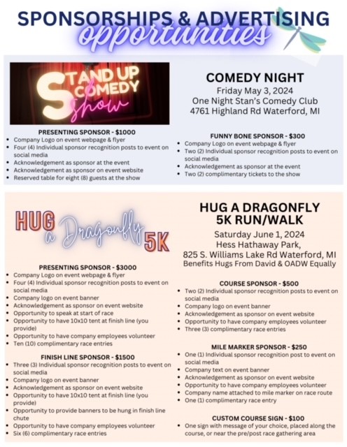 Sponsorship Guide for Stand-Up Comedy Night and Hug A Dragonfly 5K Run/Walk