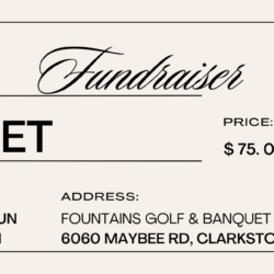 Beige Old Timey ticket that says NINER-8-8 Golf Fundraiser Ticket $75