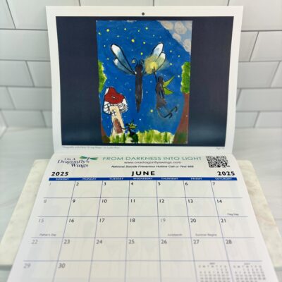 Calender open to June with a dragonfly and a fairy giving magic on a dark blue night sky and mushroom house in the background drawing, colored by lydia, age 10.