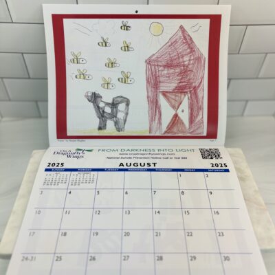 Calender open to August with a farm drawing, including a barn, a cow, and bees, colored by harper, age 7